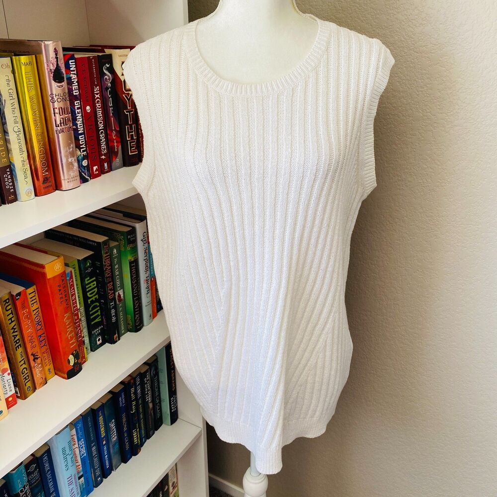 EILEEN FISHER White Organic Linen Cotton Knit Sweater Crew Neck Size M